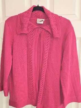Open-Front Knit Cardigan‎ with Lace Panels - Bright Pink